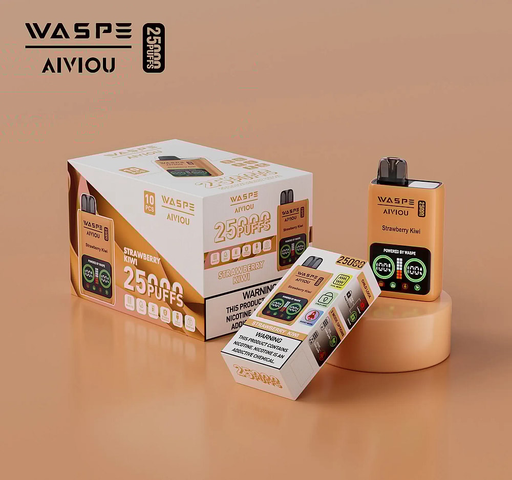 Una scatola e una confezione singola del dispositivo per svapo monouso WASPE AIVIOU da 25.000 tiri alla fragola e kiwi, esposti su uno sfondo beige.