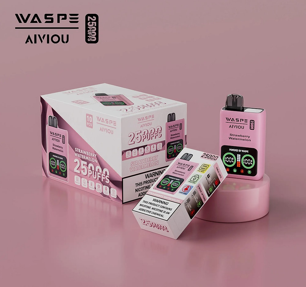 Dispositivo per svapare WASPE AIVIOU e relativa confezione al gusto di fragola e anguria, 25.000 boccate e un'etichetta di avvertenza sulla dipendenza da nicotina.