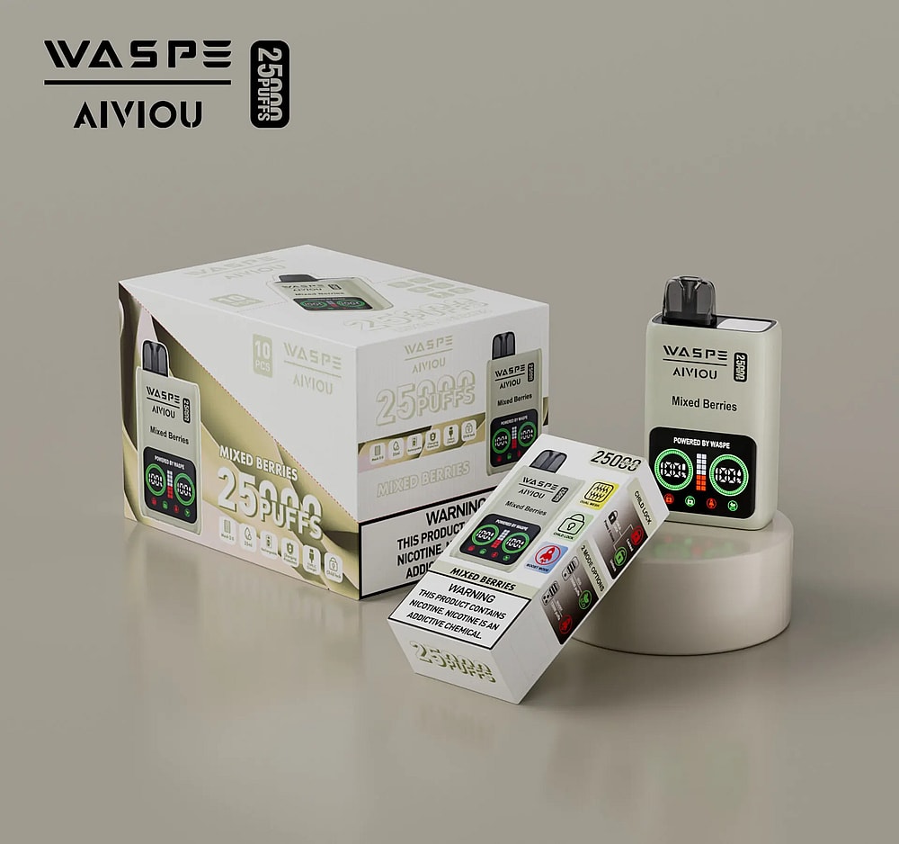Un dispositivo per svapare con il marchio "WASPE AIVIOU", etichettato "Mixed Berries" e "25000 Puffs", accanto alla confezione e una scatola contenente 10 unità.