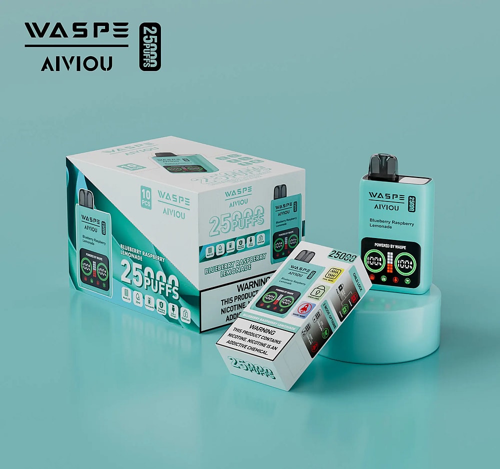 Una scatola blu e un dispositivo per svapare usa e getta con l'etichetta "WASPE AIVIOU" con 25.000 boccate, aroma di limonata al mirtillo e lampone e un'avvertenza sulla nicotina sulla confezione.