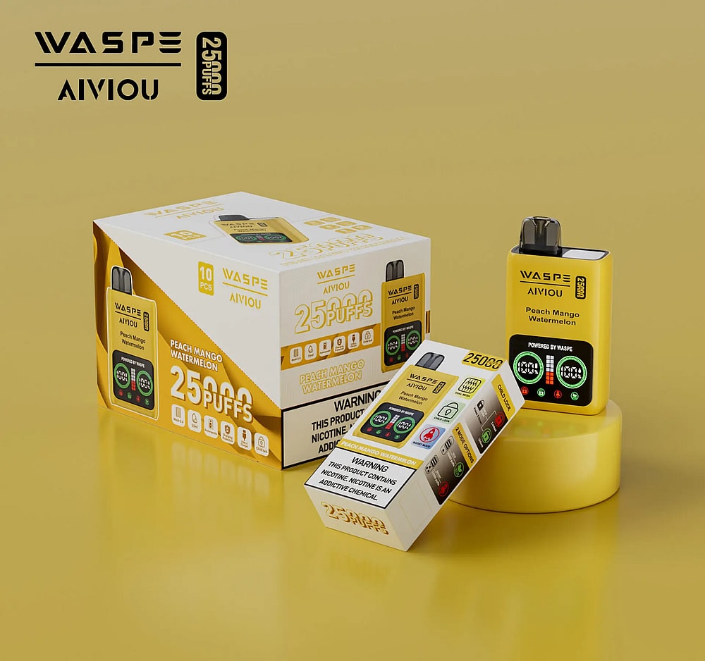 Un dispositivo per svapare giallo con l'etichetta "WASPE AIVIOU Peach Mango Watermelon" con 25.000 tiri, mostrato con la sua confezione che include una scatola da 10 e una scatola più piccola.