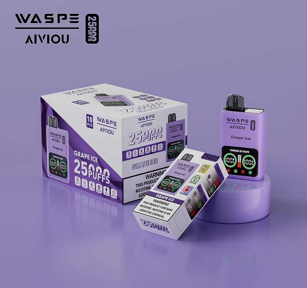 Una scatola viola monouso per svapare con il marchio "WASPE AIVIOU" e aroma "Grape Ice", etichettata "25.000 tiri". Il dispositivo e la confezione presentano etichette di avvertenza sulla nicotina.