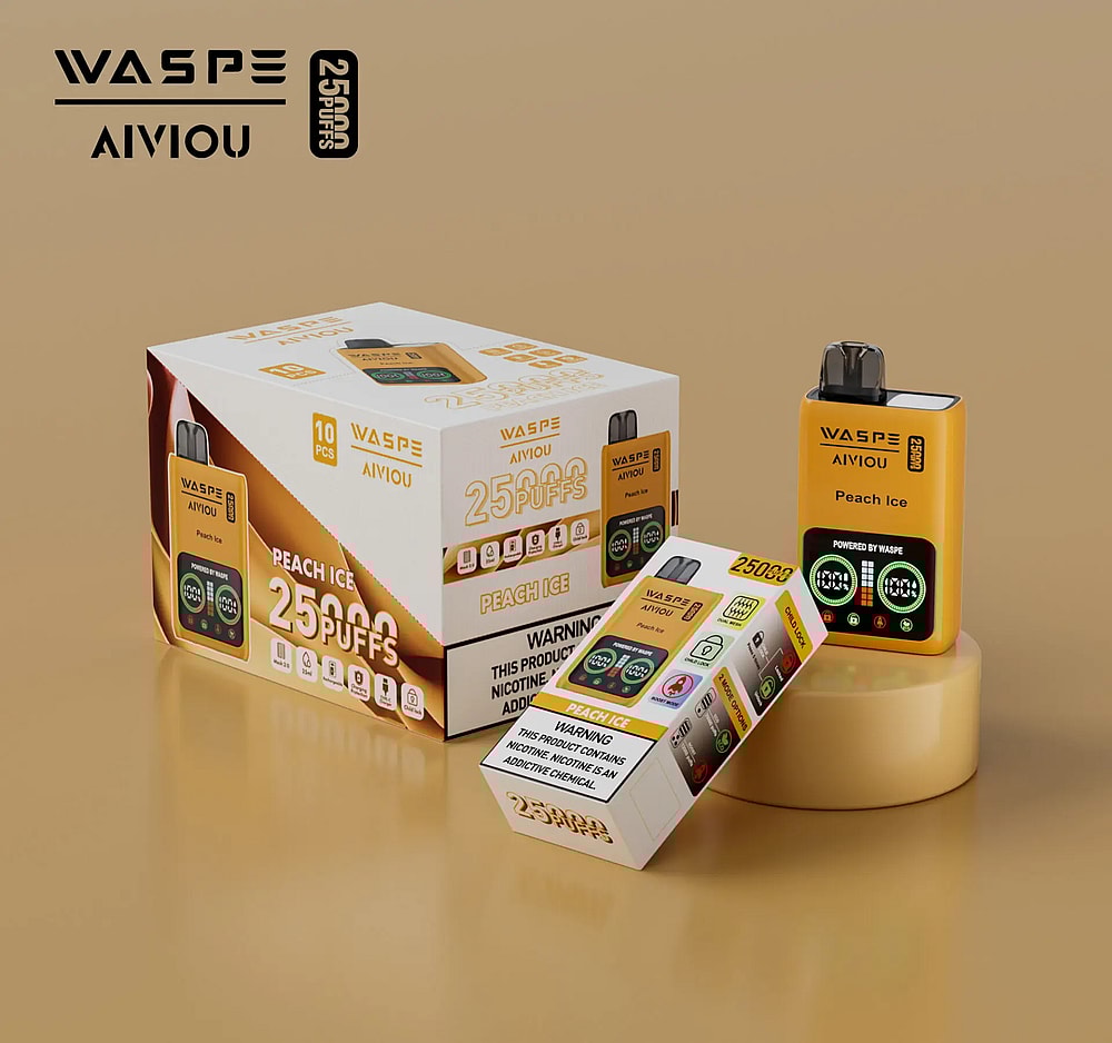 Una scatola e un dispositivo per svapare con il marchio "WASPE AIVIOU" al gusto "Peach Ice", che offre 25.000 boccate, esposti su uno sfondo beige.