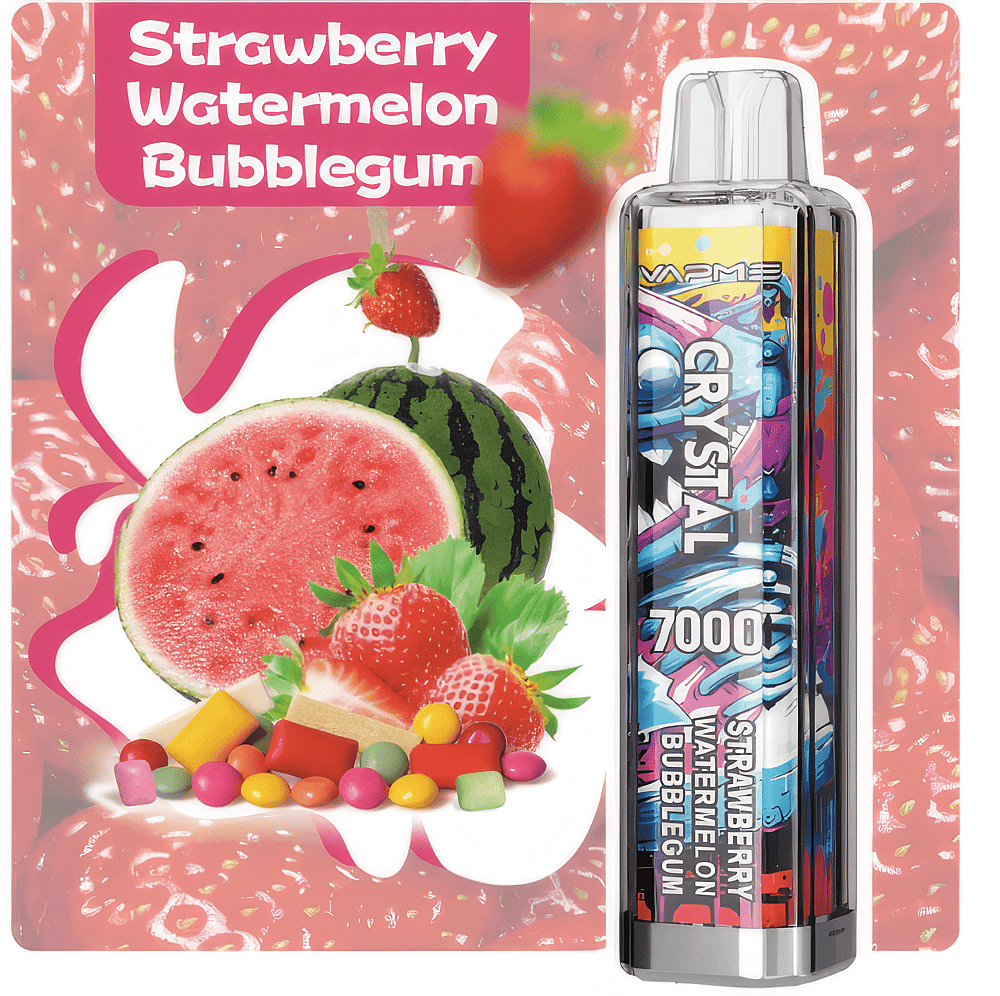 Vape product with strawberry, watermelon, and bubblegum flavors displayed on packaging alongside colorful candy.