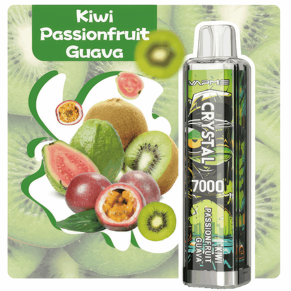A vape device with the flavor "Kiwi Passionfruit Guava," featuring images of kiwi, passionfruit, and guava fruits on the packaging.
