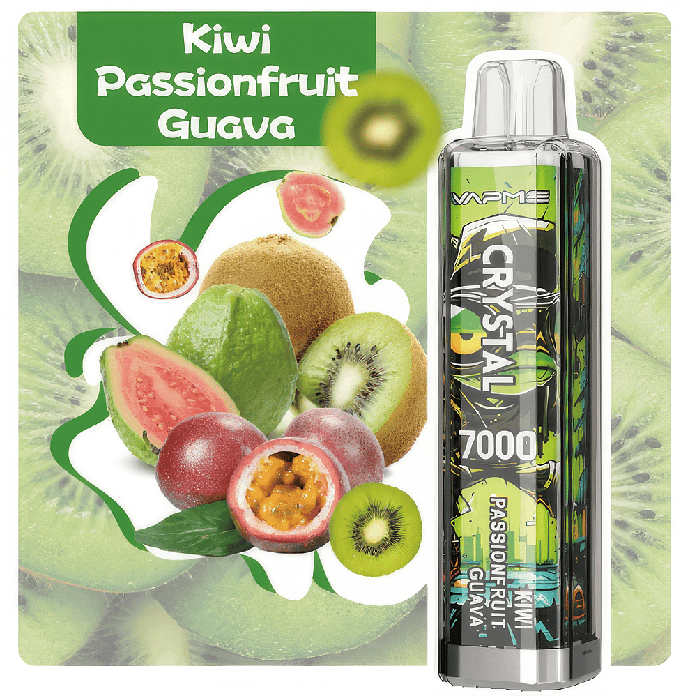 A vape device with the flavor "Kiwi Passionfruit Guava," featuring images of kiwi, passionfruit, and guava fruits on the packaging.