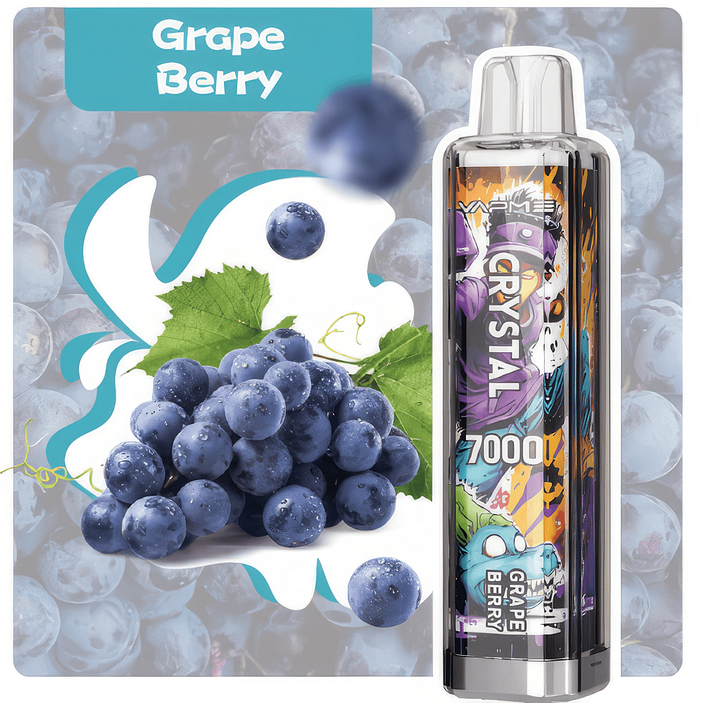 A vape device labeled "Crystal 7000" with a grape berry flavor, featuring an image of purple grapes and a colorful design on the product.