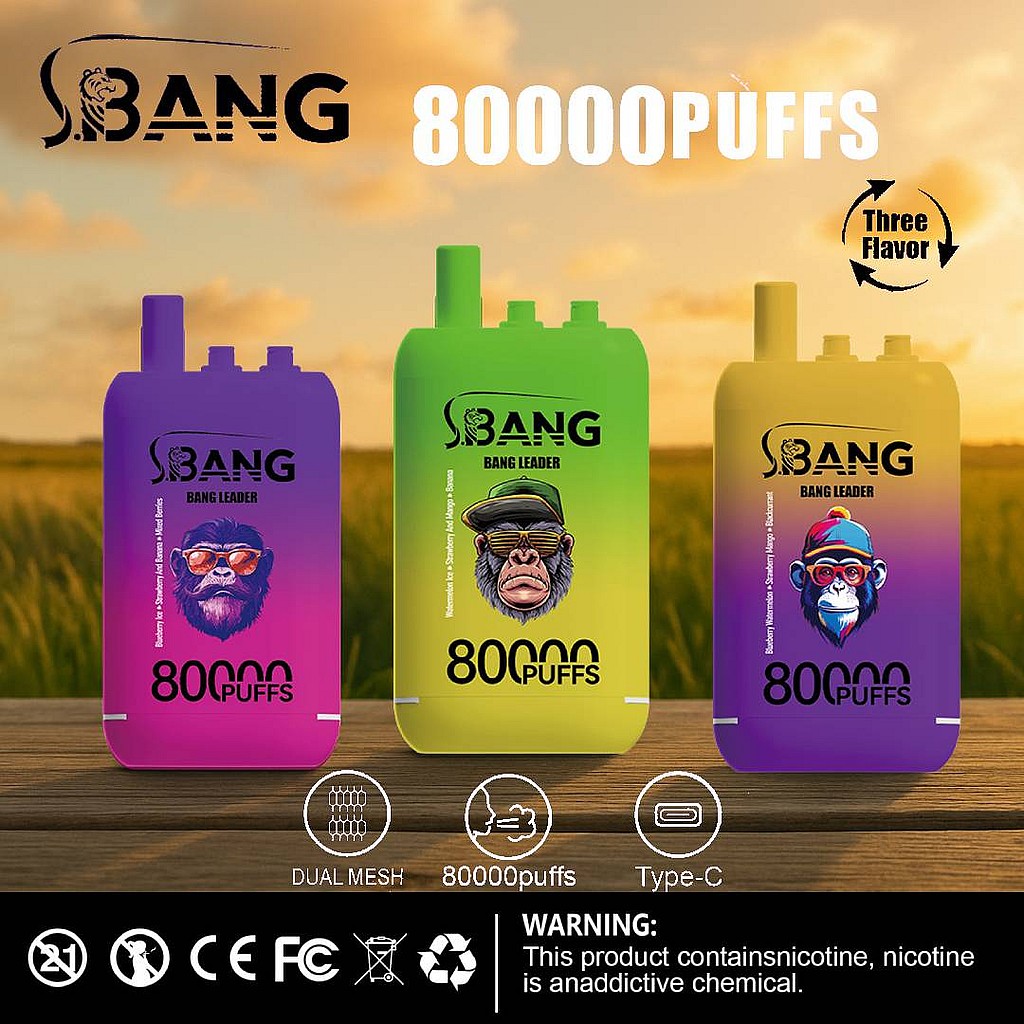 A Colorful Display Of Three Vape Pens Labeled &Quot;80000Puffs,&Quot; Featuring Distinct Flavors And Styles, Set Against A Blurred Outdoor Background With A Grassy Field.