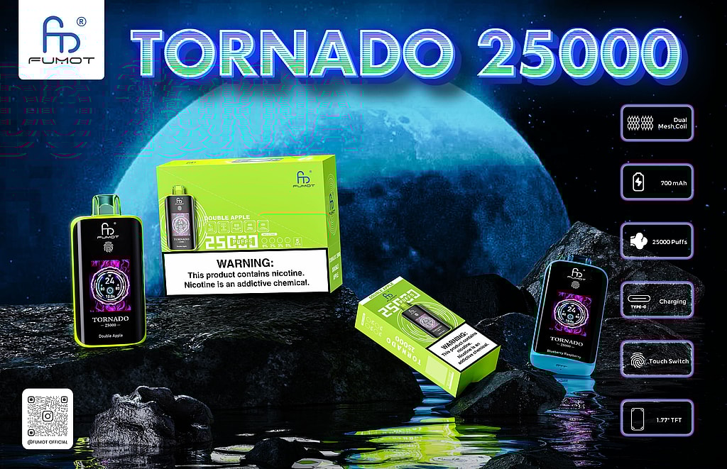 A Promotional Image For The Fumot Tornado 25000 Vape Product Featuring The Device Beside Its Green Packaging, With Details On Flavors, Nicotine Warning, And Product Specifications Against A Cosmic Background With A Large Moon.