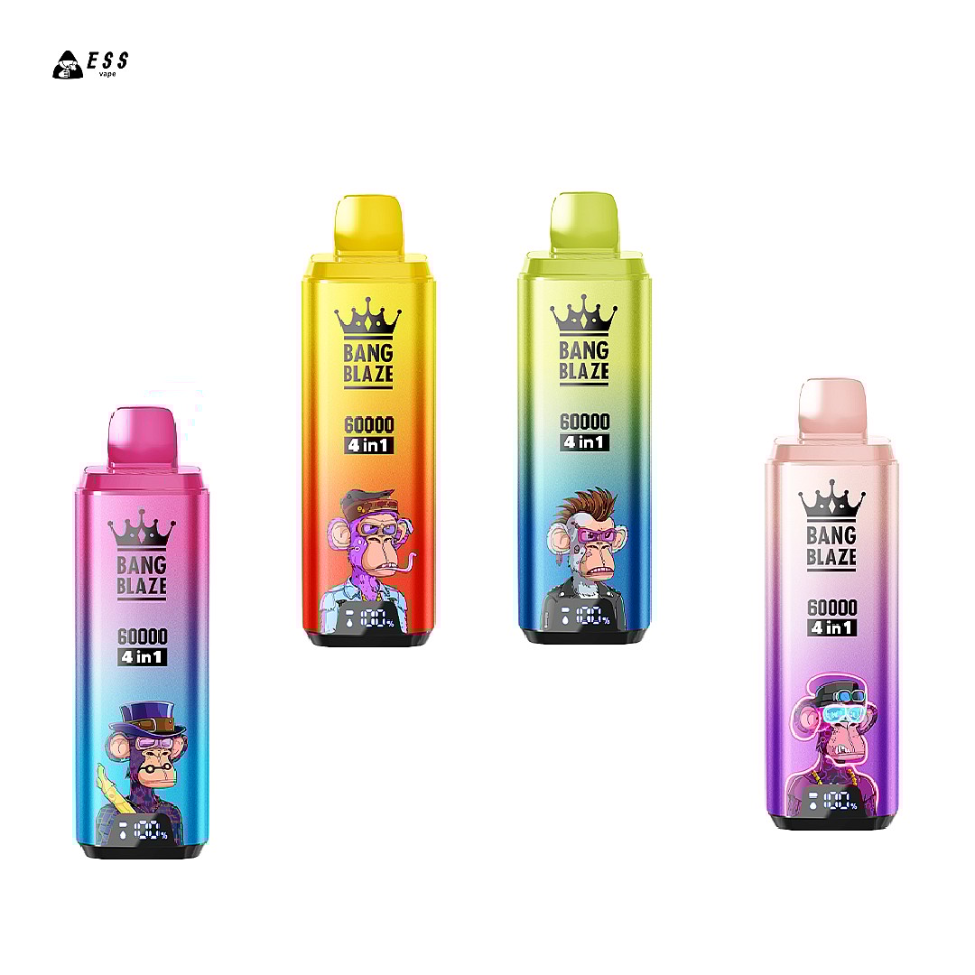 A collection of four colorful vape devices labeled 'BANG BLAZE 60000 4 in 1', featuring cartoon monkey designs on their faces; the devices are arranged left to right with a pink, yellow, green, and light pink variant showcasing gradient color schemes.