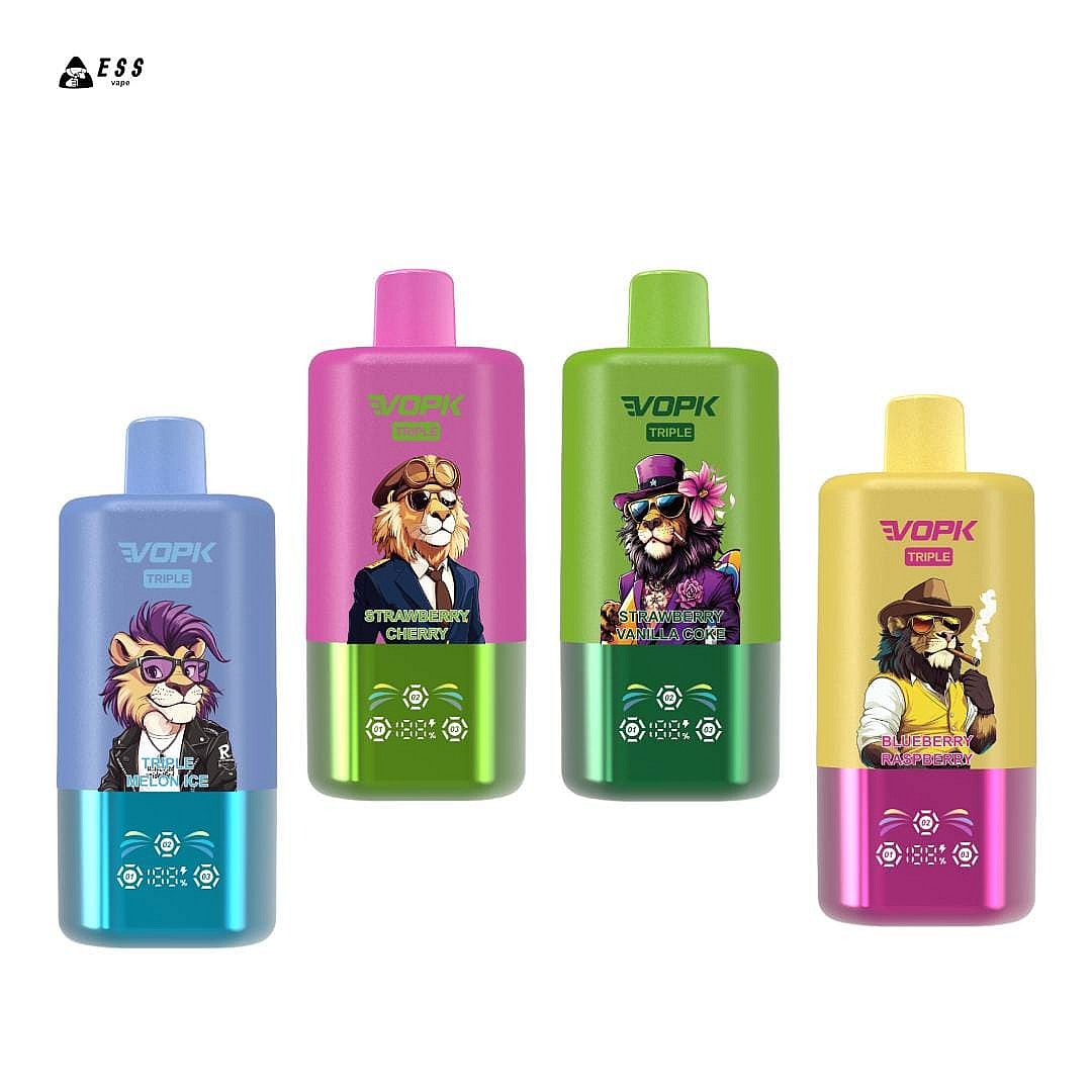 Four vape bottles with colorful designs depicting cartoon lions, featuring flavors labeled as 'Strawberry Cherry,' 'Strawberry Vanilla Ice,' 'Blueberry Raspberry,' and 'Lush Melon Ice.'