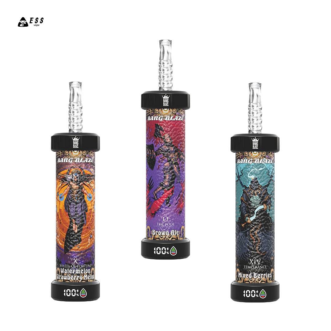 Three vape devices from Bang Blaze, featuring colorful designs: the left device has a 'Wheel of Fortune' motif with watermelon and strawberry melon flavor, the center device labeled 'Brown Ale' in purple, and the right device decorated with a 'Temperance' theme showcasing mixed berries, all with transparent mouthpieces.