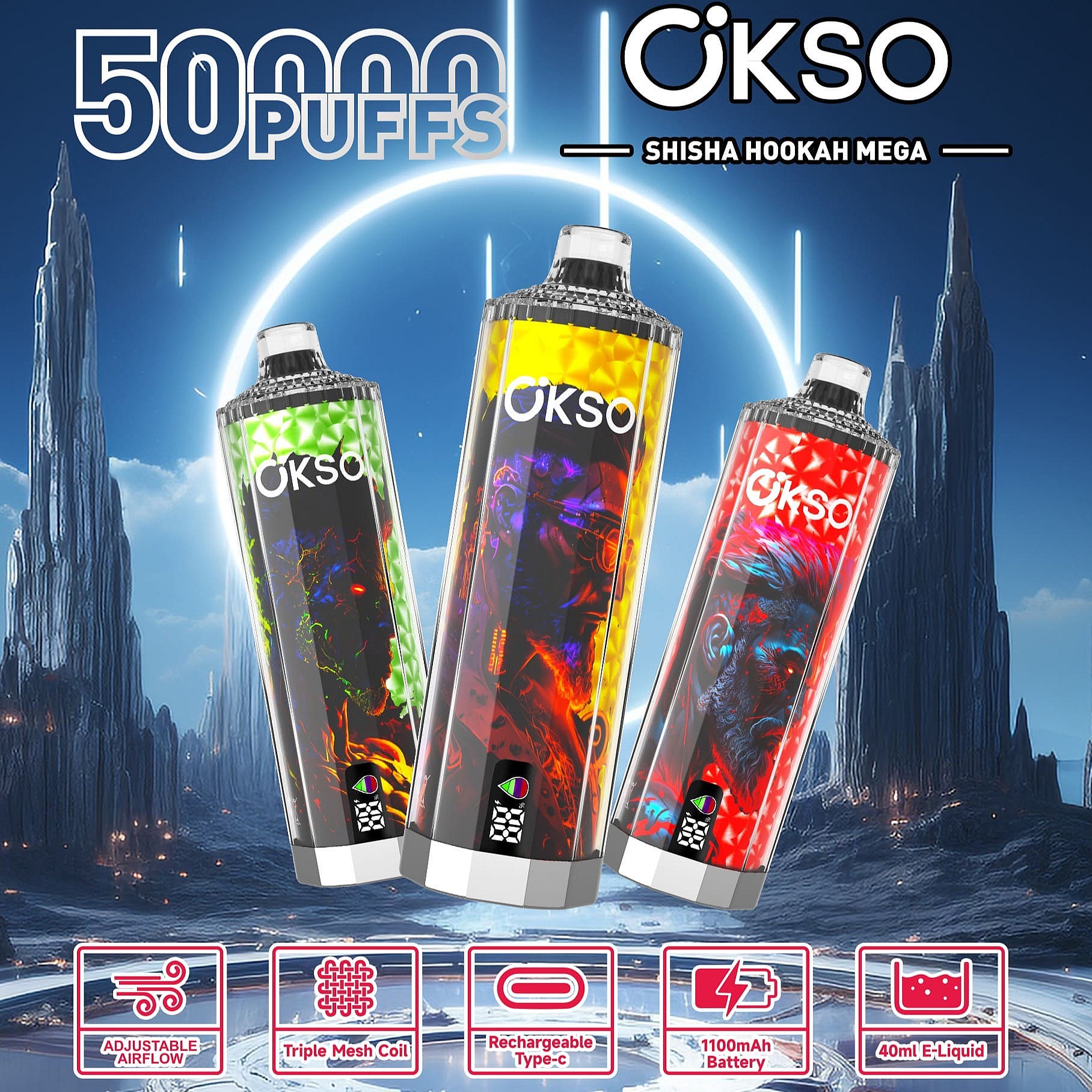 Tre colorati dispositivi per lo svapo OKSO Shisha Hookah Mega esposti su uno sfondo futuristico, caratterizzati da una grafica audace e dotati di caratteristiche quali 50.000 tiri, flusso d'aria regolabile, tripla bobina a rete, batteria ricaricabile Type-C, da 1100 mAh e capacità di e-liquid da 40 ml.