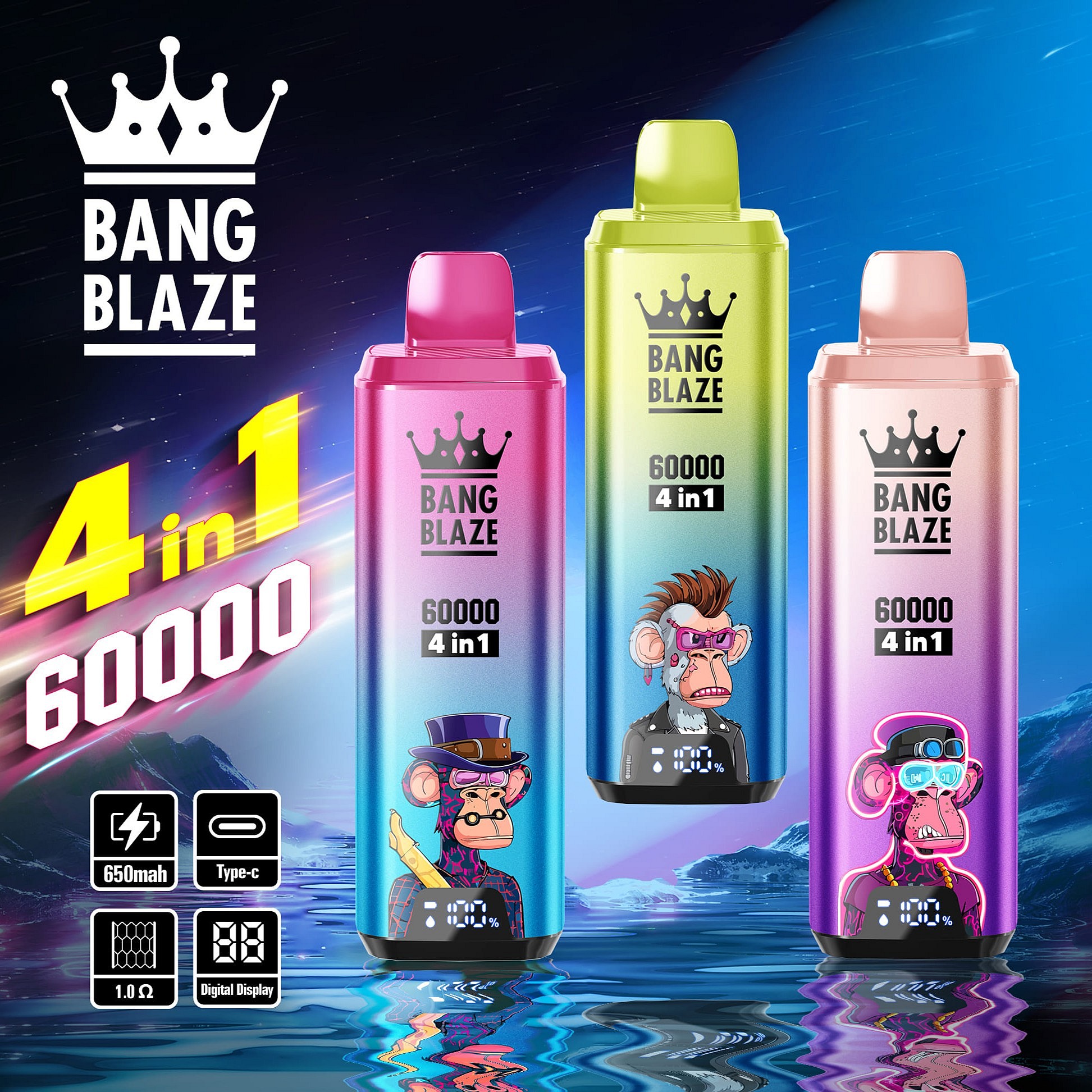 Drei farbenfrohe Vape-Geräte mit der Aufschrift „Bang Blaze 60000 4 in 1“ und Comic-Affenfiguren darauf, vor einer reflektierenden Oberfläche und einem kosmischen Hintergrund, mit Lade- und digitalen Anzeigesymbolen.