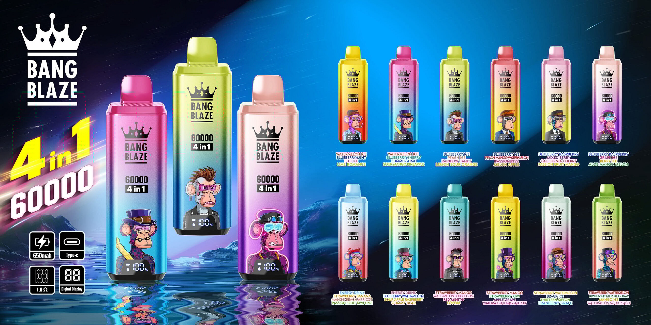 A Vibrant Promotional Display For Bang Blaze Featuring Several Colorful Vape Devices Labeled '60000 4 In 1', Each Adorned With Cartoon Monkey Characters And Various Flavor Descriptions Like 'Watermelon Ice' And 'Energy Drink'. The Background Has An Abstract Blue And Purple Design, Enhancing The Modern And Appealing Feel Of The Product.