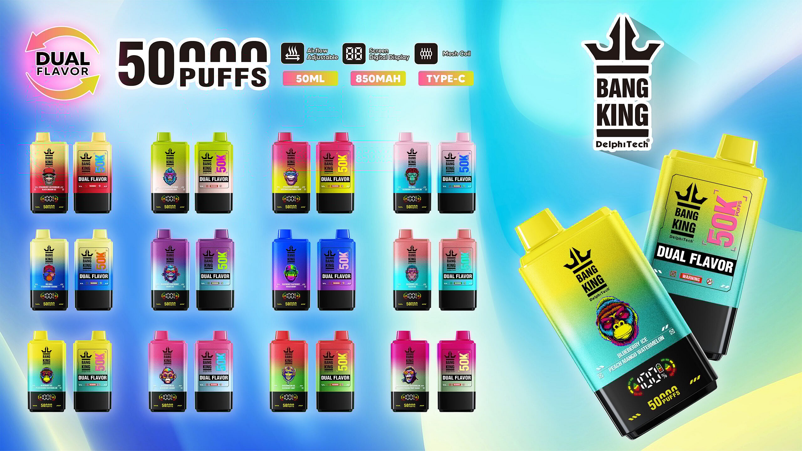 A Colorful Assortment Of Bang King Vape Bottles Displayed Against A Gradient Blue Background, Featuring Various Flavors And A Prominent '50,000 Puffs' Label, With Key Specifications Like '50Ml', '850Mah', And 'Type-C' Indicated Above.