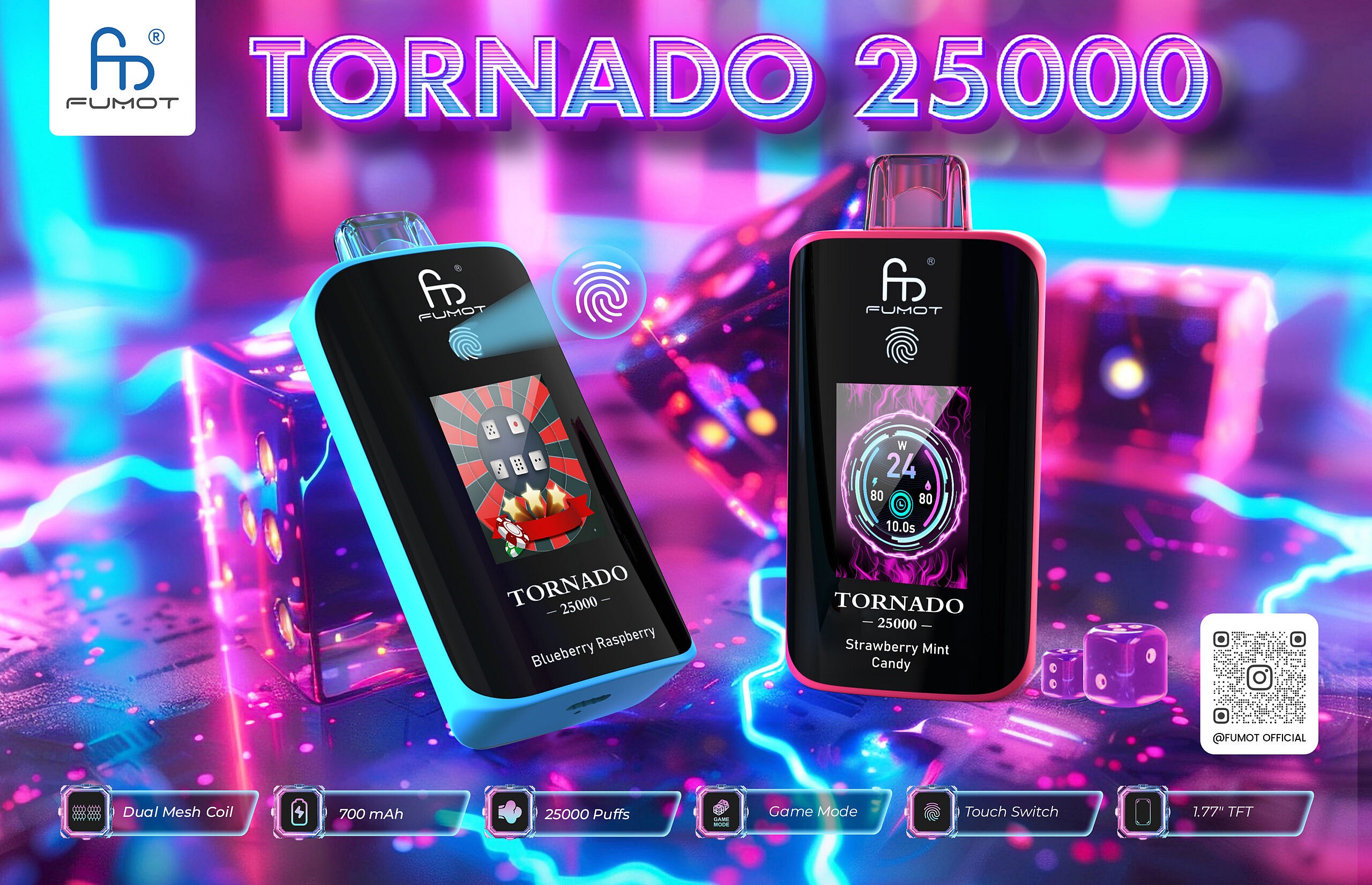A Colorful Advertisement Featuring Two Fumot Tornado 25000 Vape Devices In A Vibrant, Neon-Lit Background, Highlighting Their Flavors: Blueberry Raspberry And Strawberry Mint Candy, Along With Their Key Features Like 25000 Puffs And Touch Switch.
