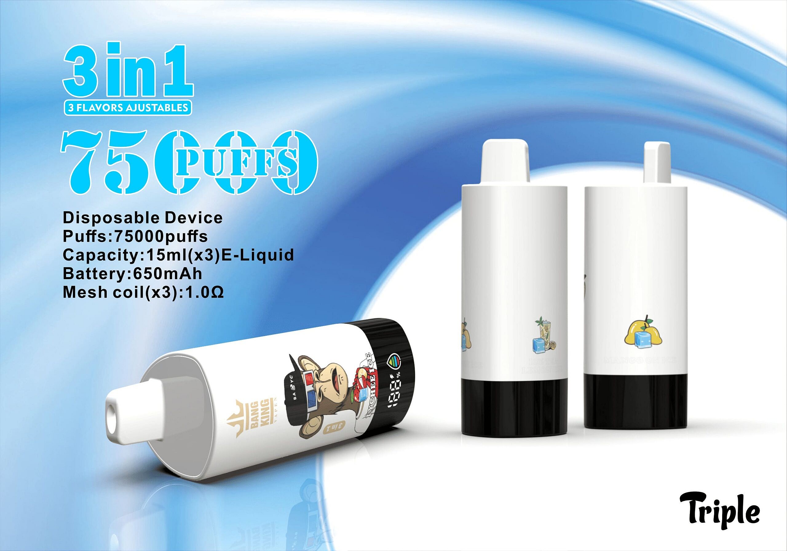 A Promotional Image Of A Disposable Vape Device Featuring Three Flavor Options, With A Large Text Indicating &Quot;75000 Puffs&Quot; And Details About The Device's Specifications, Including E-Liquid Capacity And Battery Power, Alongside Illustrations Of A Monkey Character And Colorful Flavor Icons On The Device.