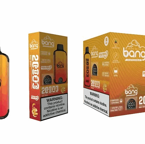 Dispositivo de vaporização descartável Bang e sua embalagem, apresentando um design gradiente de laranja para vermelho, o logotipo "Bang" e um rótulo de advertência de nicotina.