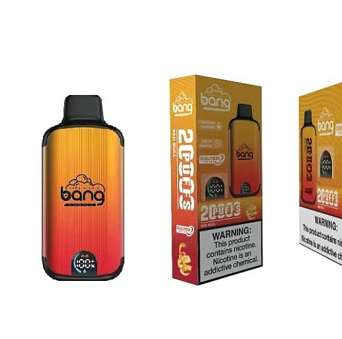 Dispositivo di svapo monouso Bang e la sua confezione, caratterizzata da un design sfumato dall'arancione al rosso, dal logo "Bang" e da un'etichetta di avvertenza sulla nicotina.
