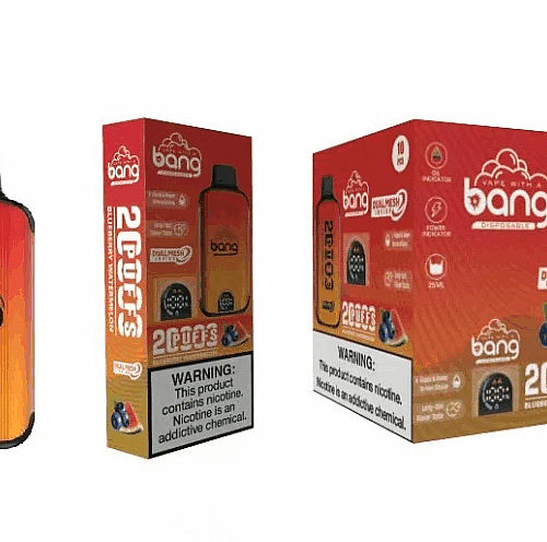 Embalagem descartável para vaporizador Bang com um dispositivo em gradiente de laranja para vermelho rotulado como "Bang" com "2 Puffs" e sabor "Blueberry Watermelon", além de avisos sobre dependência de nicotina.