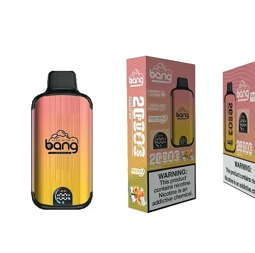 Un dispositivo per svapare usa e getta al gusto di ghiaccio alla pesca del marchio Bang, con una confezione caratterizzata da un design sfumato rosa e giallo ed etichette di avvertenze per la salute.