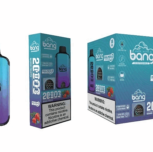 Dispositivo de vaporização descartável Bang em gradiente azul e roxo com o logotipo em preto. A embalagem exibe o mesmo dispositivo, com o texto "2.000 puffs" e o sabor "Frutas Mistas", além de um aviso sobre nicotina.