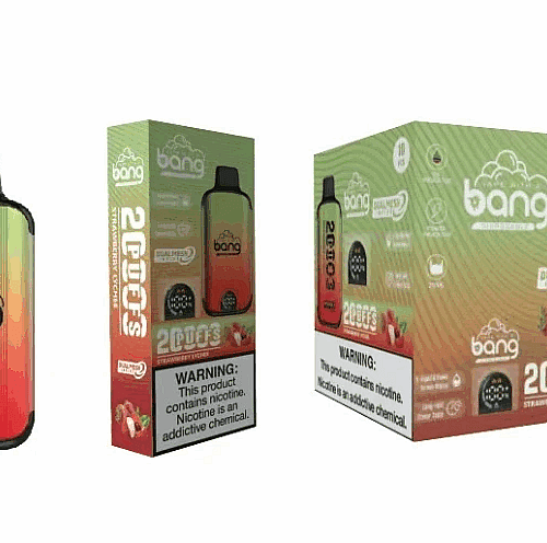 Embalagem descartável para vape Bang com sabor de morango e lichia, com avisos sobre dependência de nicotina.
