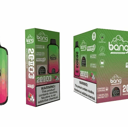 Um dispositivo vape descartável com sabor de melancia e sua embalagem apresentando o logotipo da marca "Bang" com um design gradiente de verde a rosa, com rótulo de advertência visível.
