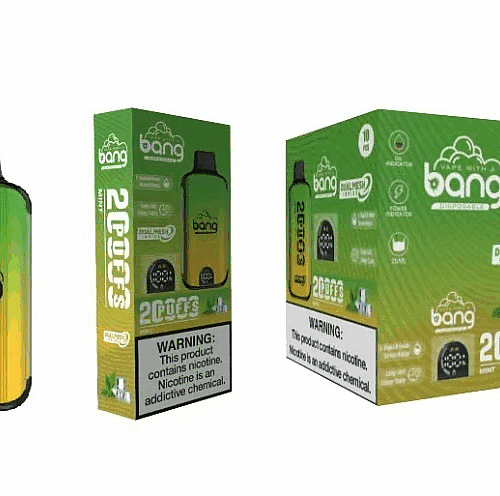 Embalagem descartável para vape Bang em gradiente verde e amarelo com texto "2.000 tragadas" e rótulo de advertência de nicotina.