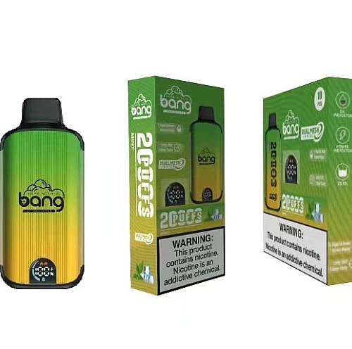 Confezione monouso per sigarette elettroniche Bang in verde e giallo sfumato con la scritta "2.000 boccate" e un'etichetta di avvertenza sulla nicotina.