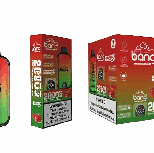 Caixa e dispositivo descartáveis para vaporizador Bang em um gradiente de cores verde, amarelo e vermelho, rotulados com sabor "Morango e Melancia" e com avisos de saúde sobre o vício em nicotina.