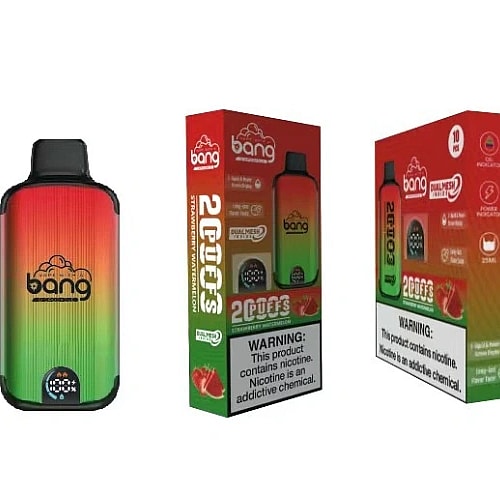 Dispositivo e scatola monouso per svapare Bang in colori sfumati di verde, giallo e rosso, etichettati con il gusto "Fragola e Anguria" e contenenti avvertenze sanitarie sulla dipendenza da nicotina.