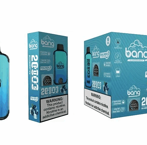 Um dispositivo de vaporizador descartável da marca Bang e sua embalagem apresentando um design azul gradiente com avisos de texto sobre o conteúdo de nicotina.