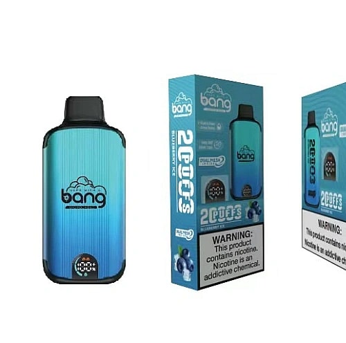 Un dispositivo per svapare usa e getta del marchio Bang, la cui confezione presenta un design blu sfumato con avvertenze testuali sul contenuto di nicotina.
