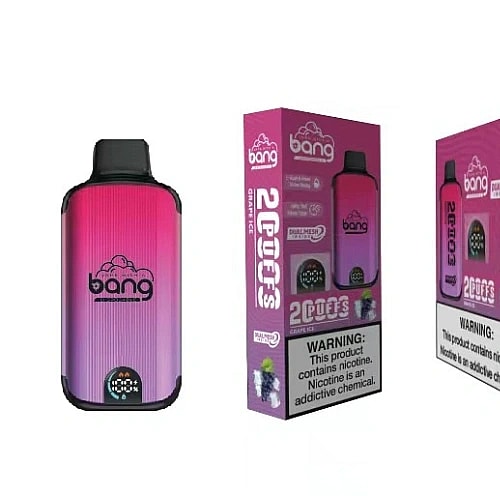 Confezione per vaporizzatore monouso Bang caratterizzata da un dispositivo sfumato rosa e viola con aroma "Grape Ice", etichettato con avvertenze sulla nicotina.