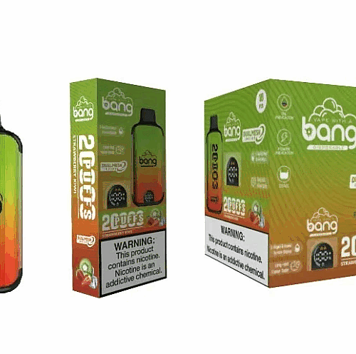 Embalagem descartável para vape Bang com sabor morango e kiwi, mostrando rótulos de advertência do produto sobre o vício em nicotina.