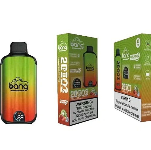 Confezione monouso per sigarette elettroniche Bang al gusto fragola e kiwi, con etichette di avvertenza sul prodotto relative alla dipendenza da nicotina.