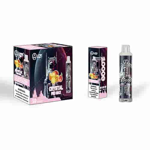 A Box And Vape Device Labeled &Quot;Crystal Pro Max 10000&Quot; With A Peach Mango Pineapple Flavor And A Nicotine Warning.