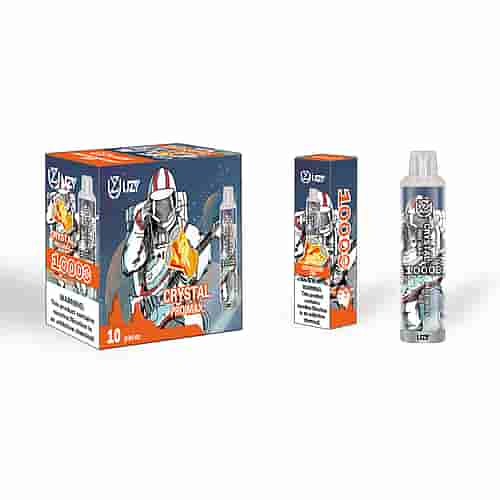 A Box And Vape Device Labeled &Quot;Crystal Pro Max 10000&Quot; With A Futuristic Astronaut Illustration Holding A Large Orange Crystal, Featuring Nicotine Warning Labels.