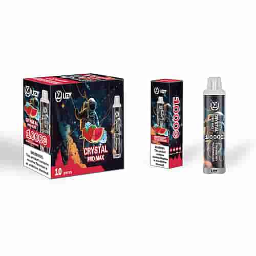 Electronic Cigarette Products Labeled As &Quot;Uz Crystal Pro Max,&Quot; Featuring A Space-Themed Design With Watermelon And Strawberry Imagery, Presented In Various Packaging Formats.
