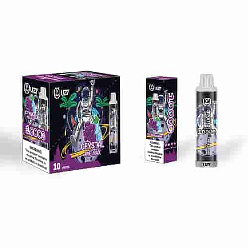 A Vape Device And Packaging Featuring A Space-Themed Design With An Astronaut Holding A Bunch Of Purple Grapes, Labeled &Quot;Crystal Pro Max&Quot; With &Quot;10000&Quot; Puffs, &Quot;Grape&Quot; Flavor, And A Nicotine Warning.