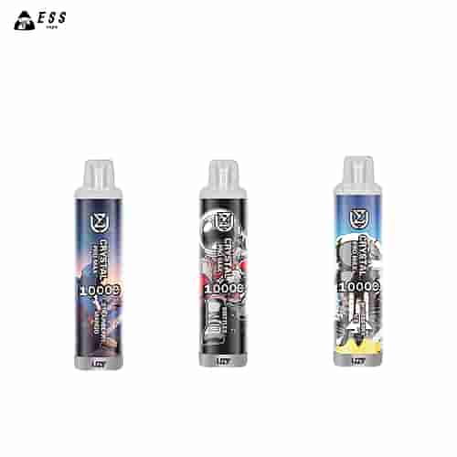 Tres vapes desechables cilíndricos con capacidad para 10000 bocanadas, con diseños coloridos y sabores etiquetados: "Strawberry Mango", "Skittles" y "Blueberry Ice".