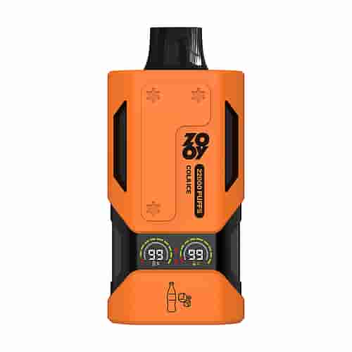 A Bright Orange Vape Device Featuring Two Digital Display Screens Showing Battery And Puff Count, Labeled '22000 Puffs', With A Sleek, Ergonomic Design And Black Accents.