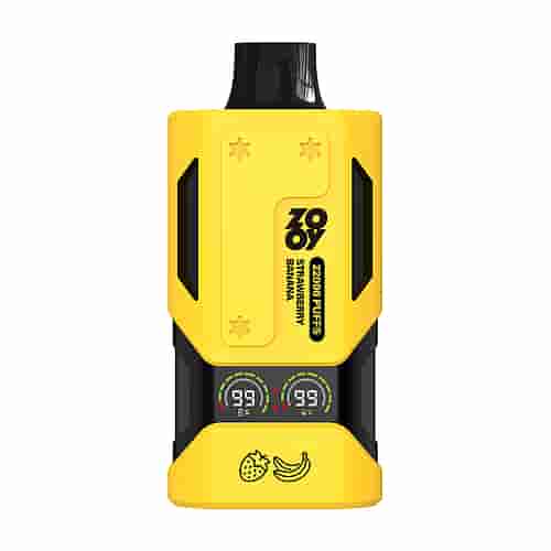 A Bright Yellow Vape Device Labeled 'Zoyo' With '22000 Puffs' And The Flavors 'Strawberry' And 'Banana' Printed On It, Featuring Dual Display Screens Showing Battery Levels And Puff Counts, Along With Small Icons Of A Strawberry And Banana At The Bottom.
