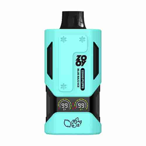 A Mint Green Vape Device Labeled 'Zoyoy 22000 Puffs Blue Razz Ice' Featuring Dual Digital Displays For Battery Life And Resistance Settings On A Black Base, With A Small Graphic Of Fruits At The Bottom.