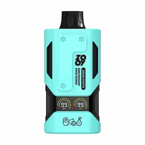 A Turquoise Vape Device Labeled 'Zooy' Featuring A Design That Indicates It Provides 2000 Puffs, With 'Kiwi, Passion Fruit, Guava' Flavor Notes, And Dual Digital Display Screens On The Bottom Showing Battery Levels.
