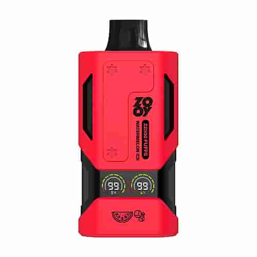 A Red Vape Device Labeled 'Zozoy 22000 Puffs Watermelon Ice' Featuring A Rounded Top, Two Circular Battery Life Indicators, And Icons Of Watermelon And Ice Cubes Near The Base.
