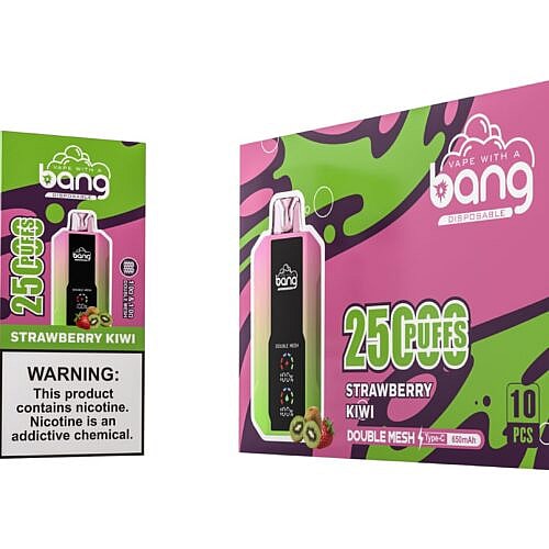 A pink and green vape device with "Bang" branding next to a matching box displaying "25,000 puffs," "Strawberry Kiwi" flavor, and nicotine warning label.