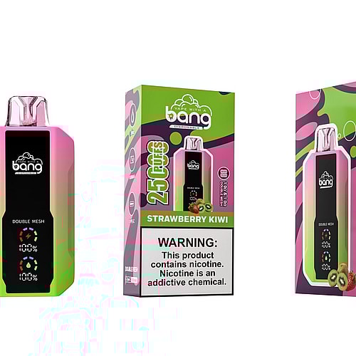 A pink and green vape device with "Bang" branding next to a matching box displaying "25,000 puffs," "Strawberry Kiwi" flavor, and nicotine warning label.
